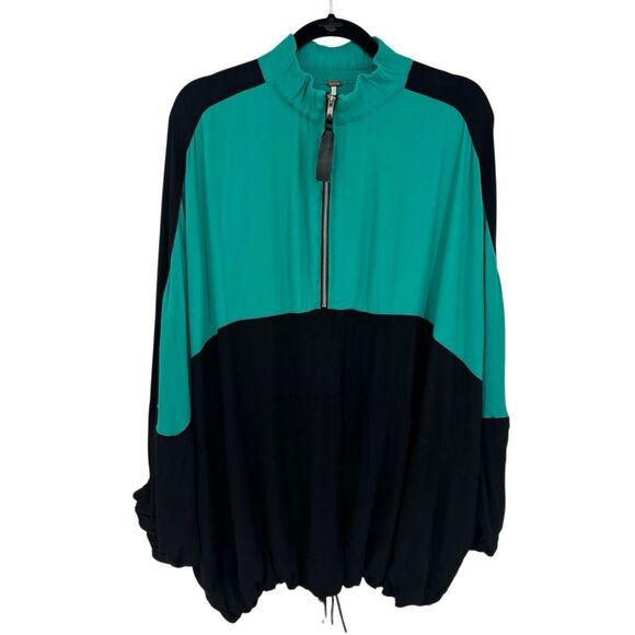 Free People Colorblock Oversize Half Zip Tunic Top Green Black Drawstring XS/SM - Picture 2 of 10